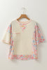 Beige Floral Patchwork Chest Pocket Wide Sleeve Waffle T Shirt