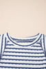 Blue Stripe Textured Knit Split Hem Half Sleeve Loose Top