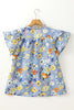 Sky Blue Flutter Sleeve V Neck Floral Top