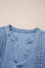 Myosotis Pintuck Pleats Puff Sleeve Split V Neck Summer Denim Top