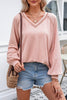 Delicacy Exposed Seam Textured Knit V Neck Pullover Top