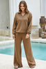 Coffee Solid Color V Neck Top and High Waist Pants Set