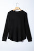 Black Ribbed Texture Round Neck Long Sleeve Rounded Hem Knit Top