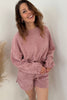 Fushia Solid Color Textured Knit Drop Shoulder Pullover Drawstring Shorts Set
