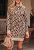 Khaki Leopard Print High Neck Shift Mini Sweater Dress