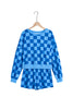 Dark Blue Plaid Checkered Long Sleeve Crop Top Elastic Waist Shorts Two Piece Set