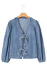 Dusk Blue Tied Front Long Puff Sleeve Denim Top