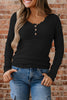 Skobeloff Lace Neckline Button Decor Lettuce Edge Long Sleeve Ribbed Top