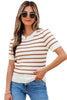 Khaki Stripe Scalloped Round Neck Short Sleeve Sweater