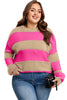 Khaki Stripe Color Block PLus Size Drop Shoulder Sweater