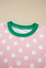 Pink Polka Dot Contrast Trim Long Sleeve Top Drawstring Shift Pants Set