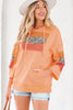 Grapefruit Orange Plaid Floral Patchwork Kangaroo Pocket Hooded Long Sleeve Top