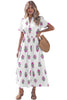 White Floral Print Split Neck Shirred High Waist Ruffle Hem Maxi Dress