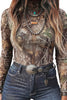 Smoke Gray Floral Print Slim Fit Mesh Long Sleeve Mock Neck Top
