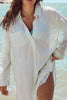 White Stripe Collared V Neck Chest Pocket Long Sleeve Beach Cover up