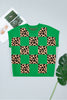 Red Plus Size Leopard Contrasted Checkered Short Sleeve Sweater
