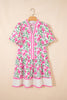 Multicolour Sweet Floral Print Striped Color Block Trim Short Dress