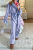 Beau Blue Flounce Long Sleeve Top Drawstring Pants Contrast Velvet Bow Knot 2pcs Lounge Set