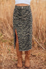 Brown Leopard Print Side Split Frayed Hem Denim Midi Skirt