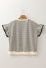 Black Stripe Eyelet Trimmed Ruffled Short Sleeve Plus Size Top