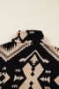 Black Plus Size Western Aztec Pattern Half Button Collared Plush Sweatshirt