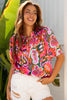 Rose Summer Plant Print Lace up V Neck Short Sleeve Blouse