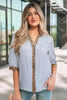 Sky Blue Stripe Leopard Trim V Neck Button Down Half Sleeve Shirt