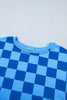 Dark Blue Plaid Checkered Long Sleeve Crop Top Elastic Waist Shorts Two Piece Set