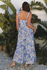 Sky Blue Floral Print Self-tie Straps Flowy Ruffle Long Dress