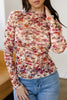 Red Lettuce Trim Floral Print Mesh Long Sleeve Top