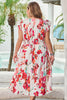 Pink Floral Print V Neck Ruffle Sleeve Plus Size Midi Dress
