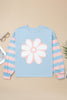 Beau Blue Big Flower Patch Drop Shoulder Striped Long Sleeve Top