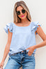 Beau Blue Textured Bow Knot Frilled Butterfly Sleeve Blouse