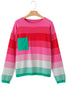 Rose Striped Knit Patch Pocket Drop Shoulder Sweater