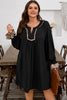 Black Plus Size Notched Neck Leopard Trim Flounce Long Sleeve Shift Dress