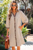 Khaki Stripe Square Button Leopard Trim Loose Bracelet Sleeve Shirt Dress