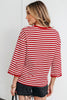Racing Red Striped Print Drop Shoulder Lace Trim Bracelet Sleeve Loose Top