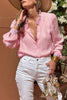 Gossamer Pink Lace Patchwork Edge Collarless Button Up Shirt