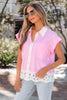 Pink Hollow-out Floral Contrast Patchwork Short Sleeve Button Up Shirt