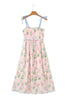 Pink Floral Print Contrast Trim Self-tie Straps High Waist Midi Dress