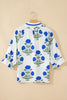 Sky Blue Casual Wild Flower Print V Neck 3/4 Sleeve Blouse