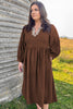 Coffee Embroidered Notched Neckline Textured Pleated High Waist Plus Size Midi Dress