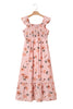 Pink Floral V Neck Smocked High Waist Ruffle Hem Long Dress