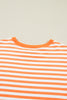 Orange Stripe 3/4 Sleeve Exposed Seam Patchwork Pullover Top