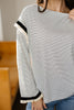 White Stripe Contrasted Ruffle Trim Loose Long Sleeve Top