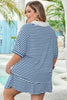 Blue Stripe Short Sleeve Collared V Neck Top Plus Size Skort Set