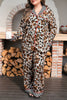 Khaki Plus Leopard Print Contrast Piping Striped Patchwork 2pcs Long Pajama Set