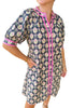 Blue Striped Trim Short Sleeve Vintage Floral Shift Dress
