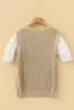 Light French Beige Round Neck Knit Contrast Short Sleeve Patchwork Sweater Top