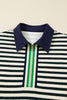 Navy Blue Striped Print Contrast Collar Zip V Neck Long Sleeve Top